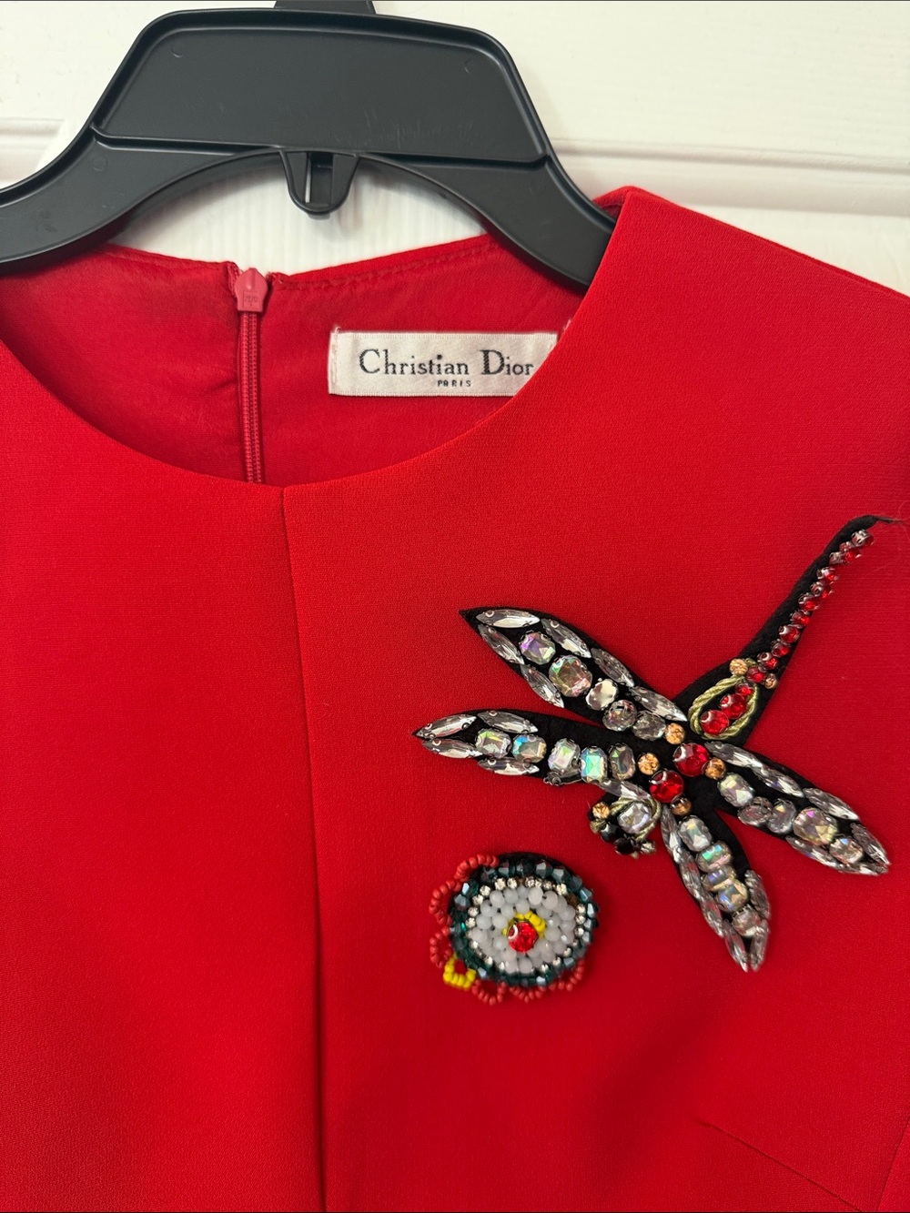 Christian Dior Red Midi Dress with Jeweled Dragonfly Appliqué